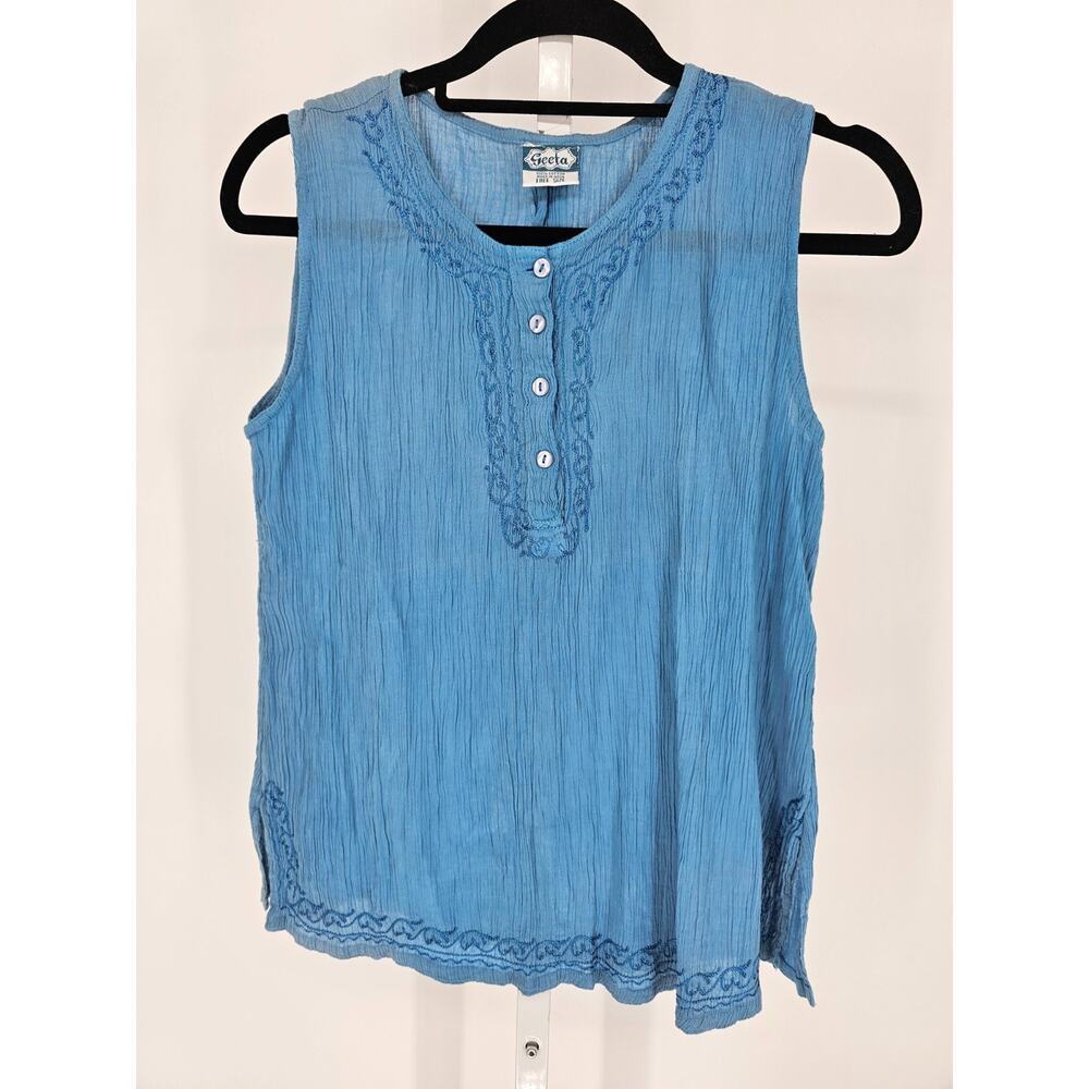 Vintage Geeta Womens Free Size Sleeveless Blouse Crinkle Blue Embroidered
